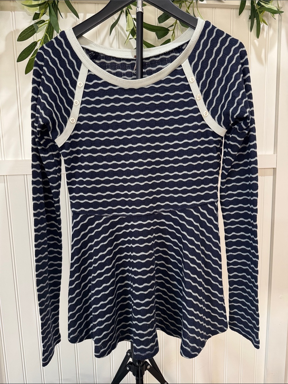 #303 FREE PEOPLE Navy Wavy Stripe Long Sleeve Peplum Top w Gray Trim